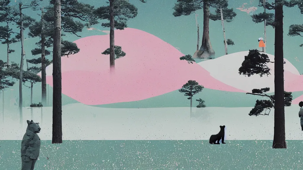 Prompt: a mama and baby bear at a seaside landscape with sequoia trees, japan, a collage painting, in the style of wes anderson, lola dupre, david hockney, isolated on negative white space background dark monochrome neon spraypaint accents volumetric octane render