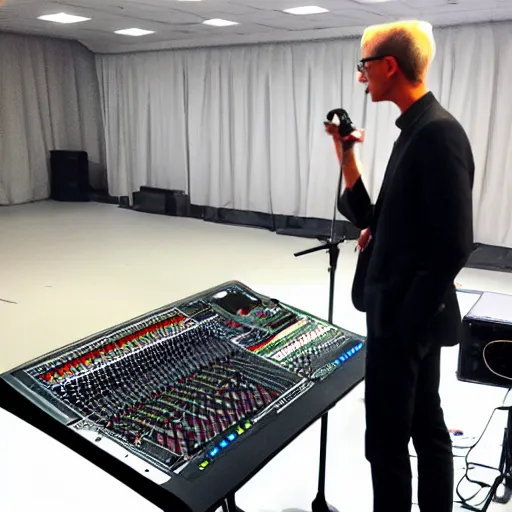 Prompt: very tall, slim man, with glasses, standing with his back bent, over a large digico sd - 1 2 console, running sound at a live event