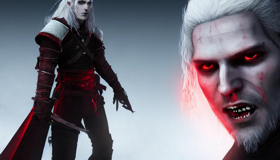 Image similar to a digital art portrait of a young pale vampire warrior with red eyes character design from dark souls, old inquisition witcher character sheet, 4 k, ultra detail, volumetric lighting, unreal engine, octane render