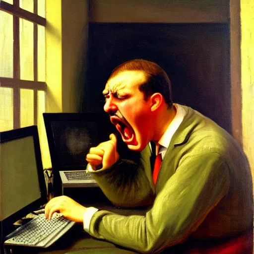 Image similar to an angry man yells at his computer monitor, oil on canvas, 1 9 0 1