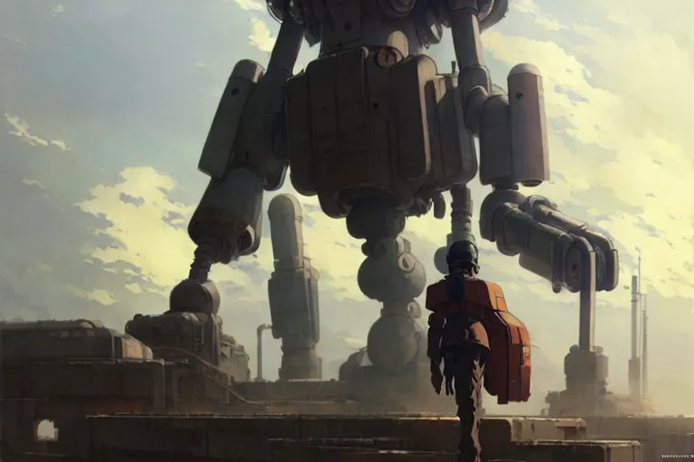 Image similar to dieselpunk, giant robot, painted by greg rutkowski makoto shinkai takashi takeuchi studio ghibli, akihiko yoshida