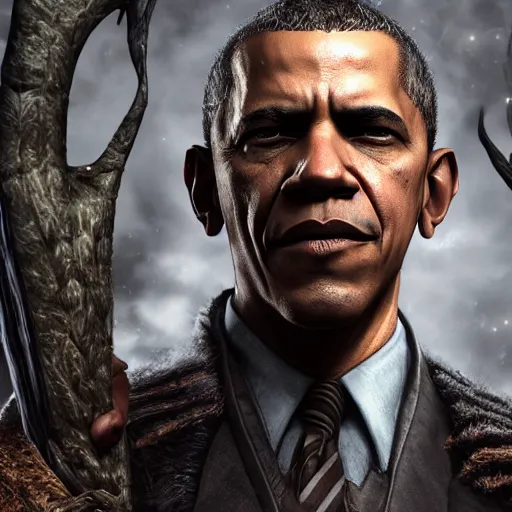 Prompt: Portrait photography of Barak Obama as a hunter from 'Bloodborne'