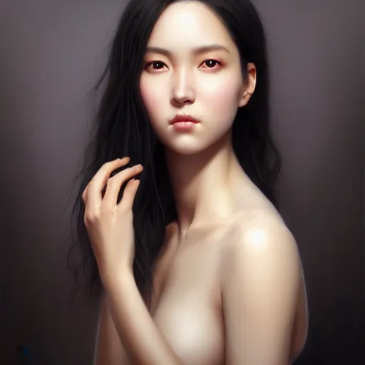 Image similar to portrait of a very very beautiful woman, square-faced, sand-colored skin, harried bun of black hair, korean, soft details, dark brown eyes, matte painting oil on canvas by mark arian by artgerm, trending on artstation, 4k, 8k, HD