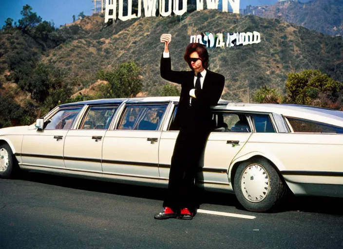 Image similar to color photo. a cool handsome photomodel lening against a limousine on hollywood boulevard in the 8 0's. showing money. hollywood sign in the background