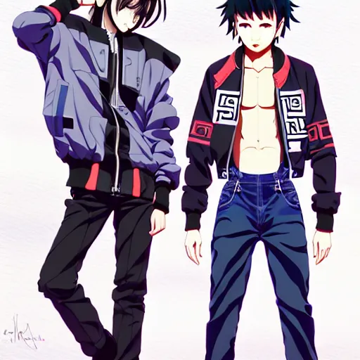 Image similar to a beautiful androgoynous anime boy gravure model, wearing oversized mayan bomber jacket and leotard with overalls, bulky poofy bomber jacket with mayan patterns, aztec street fashion, gapmoe yandere grimdark, trending on pixiv fanbox, painted by greg rutkowski makoto shinkai takashi takeuchi studio ghibli, akihiko yoshida