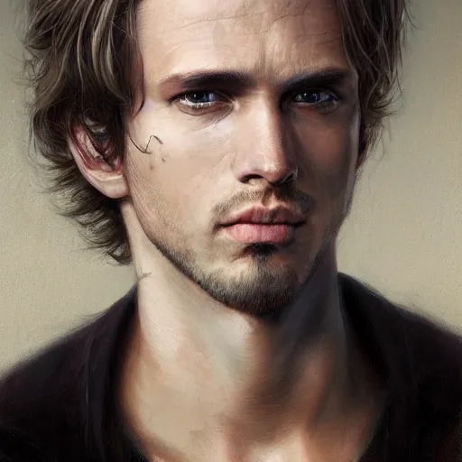 Image similar to a head - on portrait of a 2 0 - something man, brown messy hair, by wayne barlowe and charlie bowater