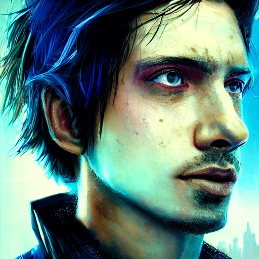 Image similar to cyberpunk, closeup portrait of a young shaggy cyberpunk citizen, eye bags, three day stubble, ex junkie, dramatic light, city background, sunset, dystopian setting, high contrast, sharp, neuromancer, henry dorsett case, painted by stanley lau, painted by greg rutkowski, painted by stanley artgerm, digital art, trending on artstation