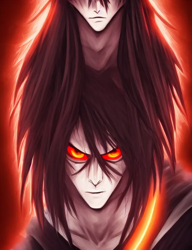 Image similar to a detailed manga portrait of a shadowy dark handsome boy with long crimson hair and glowing orange eyes and fangs, lurking in the shadows, trending on artstation, digital art, 4 k resolution, detailed, high quality, sharp focus, hq artwork, coherent, insane detail, character portrait