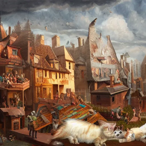 Prompt: a highly detailed oil painting of a giant cat smashing houses, renaissance, bystanders watching from the sides, 4 k, by ariduka 5 5, monokubo, artstation,