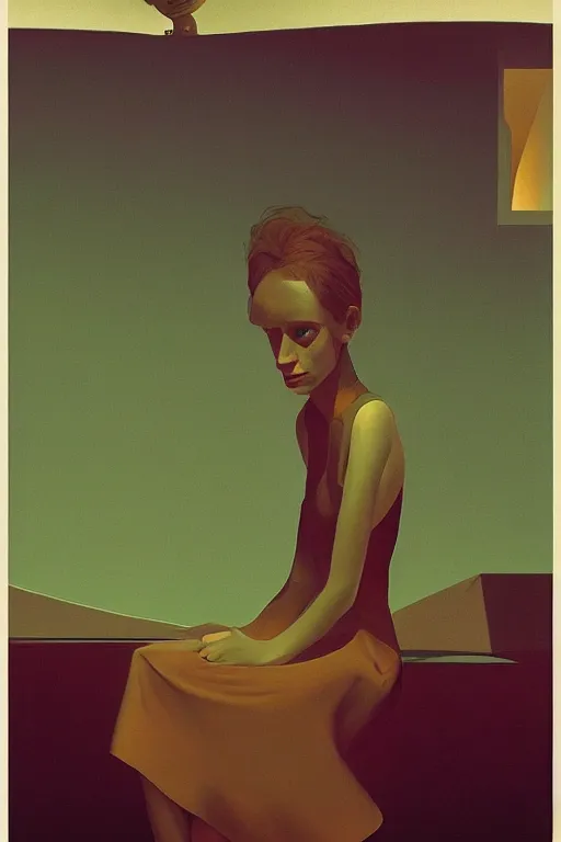 Image similar to Alice portrait in the wonder trash land Edward Hopper and James Gilleard, Zdzislaw Beksisnski, higly detailed