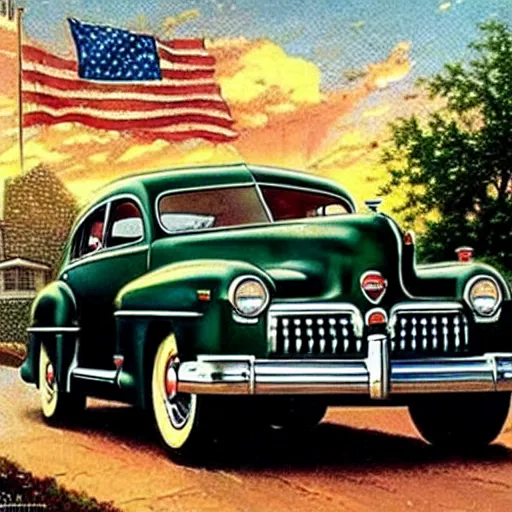 Prompt: in the style of norman rockwell, thomas kinkade, 1 9 4 8 desoto car, black, driving through a 1 9 5 0 s town