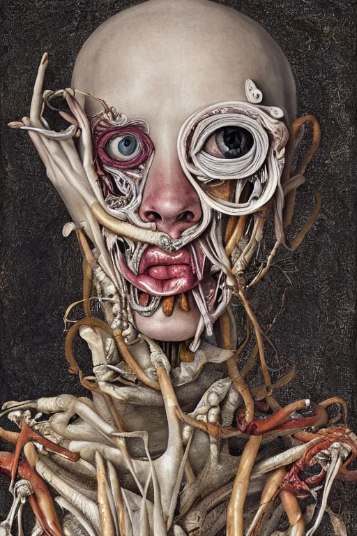 Image similar to Detailed maximalist portrait of a greek god with large lips and eyes, scared expression, botanical anatomy, skeletal with extra flesh, HD mixed media, 3D collage, highly detailed and intricate, surreal illustration in the style of Jenny Saville, dark art, baroque, centred in image