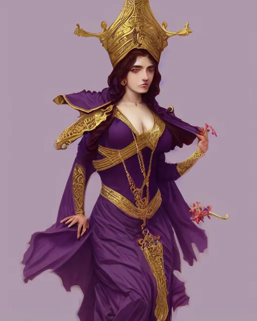 Image similar to greek vampire, ornate purple and gold byzantine dress, very detailed, beautiful, intricate, cinematic, artstation, william bouguereau, alphonse mucha, greg rutkowski, rossdraws, octane render