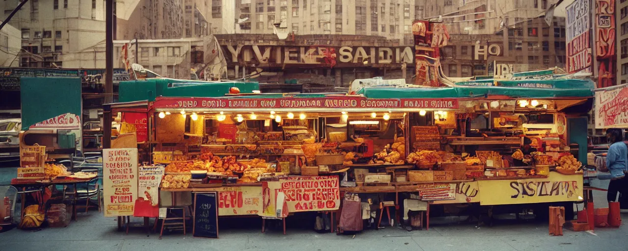 Image similar to food stand promoting spaghetti bowls, in downtown nyc, kodachrome, in the style of wes anderson, retro