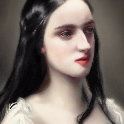 Image similar to a beautiful young woman, pale skin, black long hair, aristocrat, black expensive dress from 1 8 6 0, holding a rifle, oil painting, digital art, studio photo, realistic, artstation, high quality, wild west