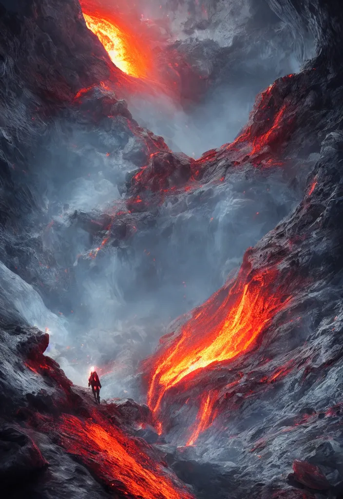 Image similar to being ejected from an active volcano. matte painting comic book art, cinematic, highly detailed, realistic, beautiful cosmic neural network, octane render, unreal engine, depth of field, trending on artstation, sharp focus, philosophical splashes of colors