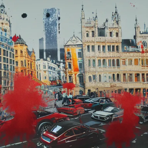 Image similar to A British European City with cars and people roaming inside of the city, certain aspects of the background are lens blurred, splatters of red and red paint circle significant parts of the city, some of the people are even painted red, black and white photograph painting, real life, realistic, hyperrealistic, very realistic, photo photograph, photo, photograph, painting, oil painting, ultra realistic, very detailed, extremely detailed, highly detailed, HD Quality, 4k resolution, 8k resolution, trending on artstation, in the style of an Album Cover, cool, epic, nostalgic, intricate details