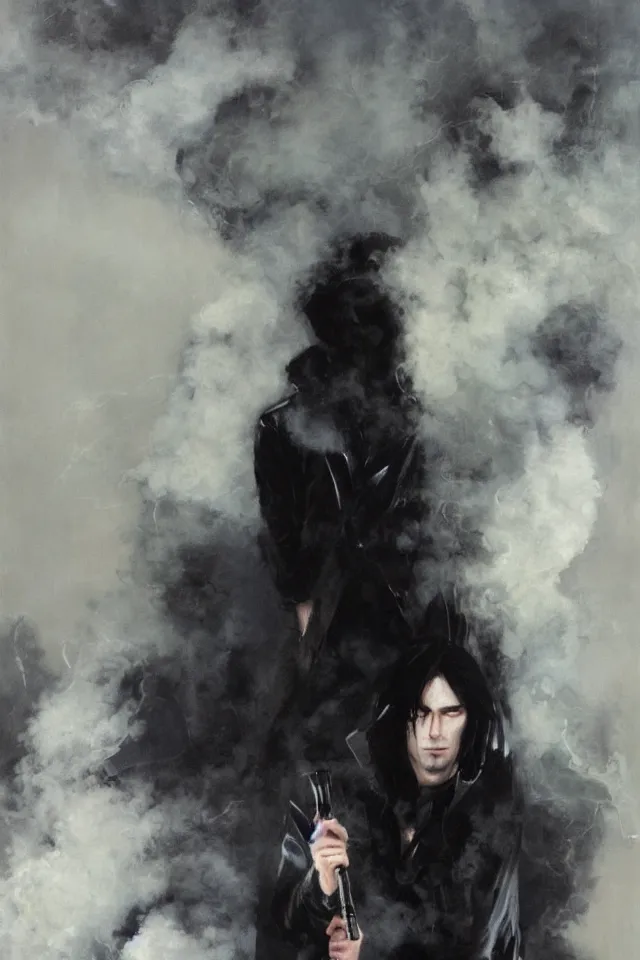 Image similar to painting of a man with pale skin and long-black hair, latex suit and raincoat, floating in smoke, in the style of phil hale and yoshitaka amano