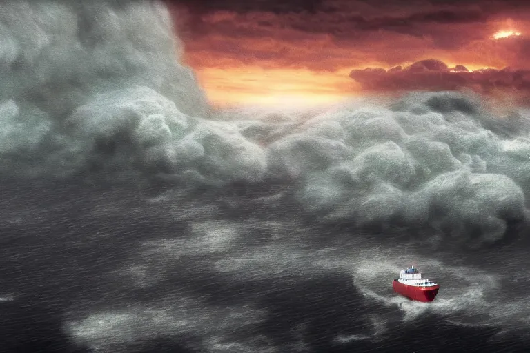 Image similar to merchant ship fleet in a storm, in the style of vernon grant and chris van allsburg, raging stormy sea, trending on artstation, bright tilt - shift camcorder effect, photoshop, retrowave, hyperrealism, octane, sharp focus, masterpiece