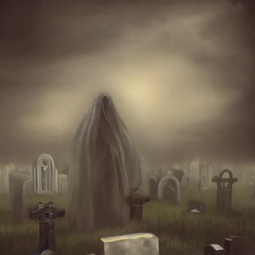 Prompt: ominous bedsheet ghost floating above a grave, oil painting, brush strokes, gloomy misty atmosphere, symmetrical, full body image, highly ornate intricate details,