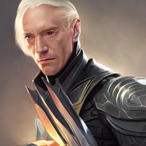 Image similar to Lucius Malfoy the genetically augmented super soldier with a long gleaming gunblade from league of legends, highly detailed, digital painting, artstation, concept art, smooth, sharp focus, illustration, ArtStation, art by artgerm and greg rutkowski and alphonse mucha and Edmund Blair Leighton and Charlie Bowater