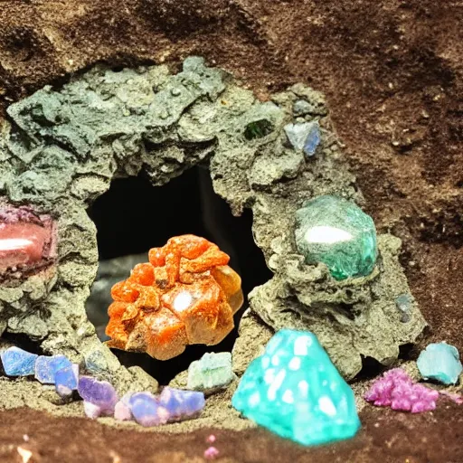 Image similar to photorealistic tiny dinosaur skeleton inside a geode of colored crystals