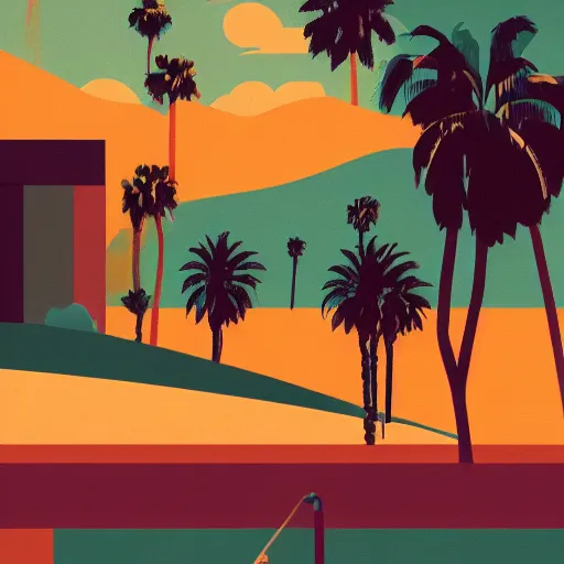 Image similar to a beautiful illustration of palm springs by James gilleard, artstation HD, geometric lines, olive and tangerine colors, HD, 4k, 8k