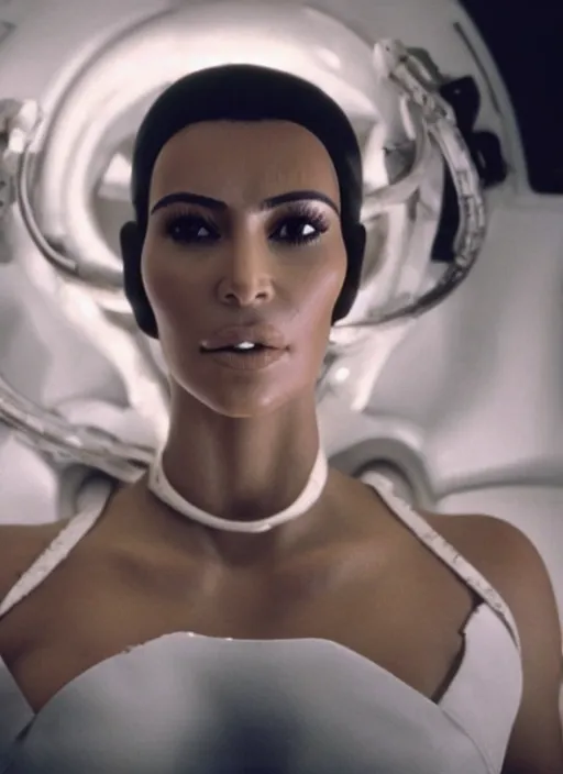 Image similar to film still of kim kardashian in the movie Alien, facehugger mounted on her face, unconscious, cinematic shot, 4k.