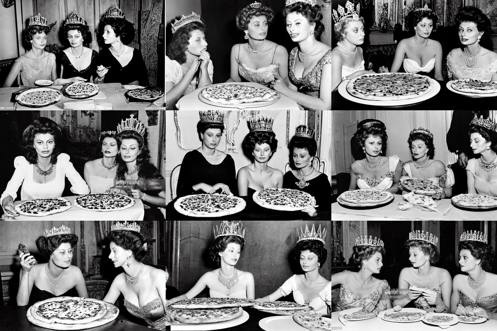 Prompt: a historical photo of young beautiful queen margherita of italy, eating a pizza margherita together with a young and beautiful sophia loren, the queen wears an intricate detailed tiara and pearl necklace, sophia wears a black beautifully ornated dress, the pizza has a large cornicione, smooth lighting, masterpiece, timeless, genious composition