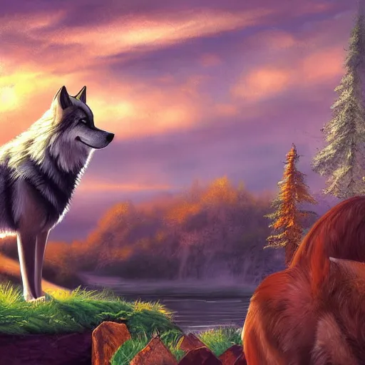 Prompt: scenic pictures with wolves, fursona, anime