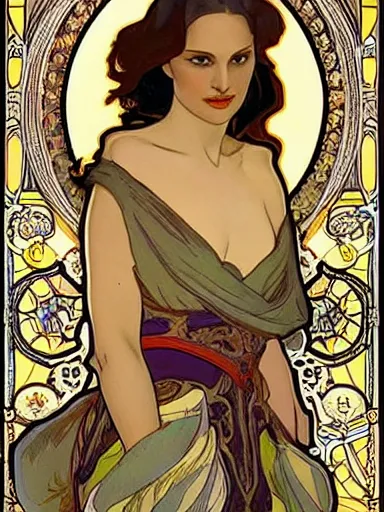 Prompt: a beautiful painting of natalie portman by Alphonse Mucha and by joe quesada, Art Nouveau, Neo-Gothic, gothic, award winning painting, hyperdetailed, detailed