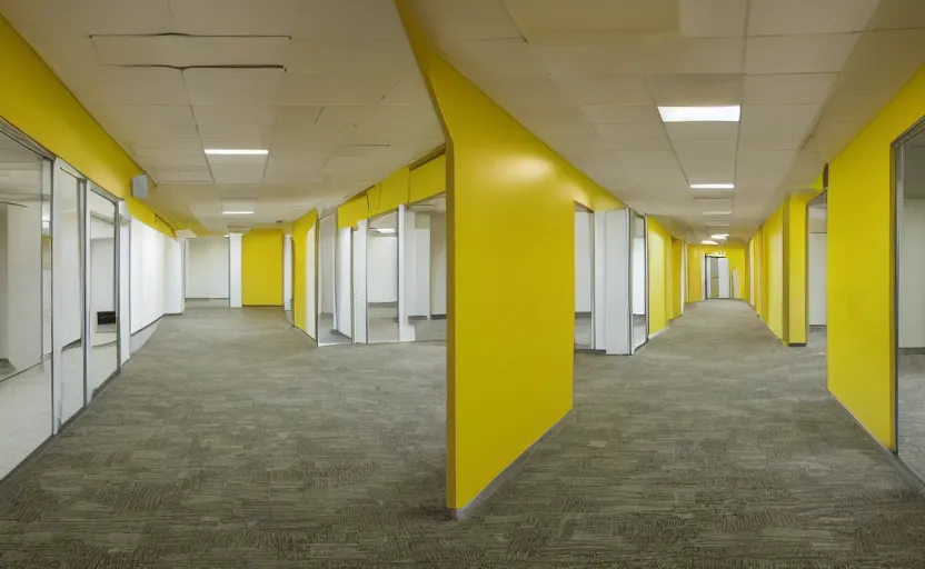 Prompt: 1 9 9 0 s empty rooms and a long corridor interior, office building, bright yellow wallpaper, vhs style, suspended ceiling, bright fluorescent light, light brown moist carpet