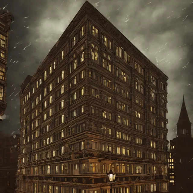 Image similar to action scene painting of a 1 9 2 0 s gothic style hotel in downtown boston, overlooking a dark street, architectural, atmospheric lighting, brooding, painted, intricate, ultra detailed, well composed, best on artstation, cgsociety, epic, horror, stunning, gorgeous, intricate detail, much wow, masterpiece, cinematic aesthetic octane render, 8 k hd resolution,