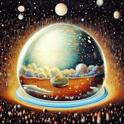 Image similar to “ depiction of the beginning of the universe inside a snow globe, surreal, award winning, highly detailed, style by mark rogers, paul bonner, oil on canvas. ”