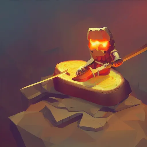 Image similar to battle toast, a slice of toasted bread with a face, arms and legs, holding a sword, volumetric lighting, dynamic composition, fantasy, hyper detailed, ultra realistic, sharp focus, octane render, concept art by sachin teng and sergey kolesov and ruan jia and heng z