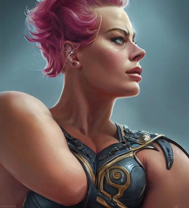 Image similar to detailed portrait of margot robbie as a thick female bodybuilder zarya from overwatch, attractive, beautiful, fantasy, intricate, elegant, highly detailed, digital painting, artstation, concept art, matte, sharp focus, illustration, art by aenaluck, artgerm and roberto ferri and greg rutkowski, epic fantasy, digital painting