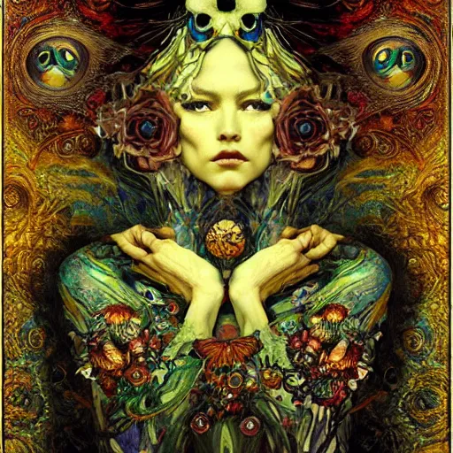 Image similar to Memento Mori by Karol Bak, Jean Deville, Gustav Klimt, and Vincent Van Gogh, beautiful visionary mystical portrait, otherworldly, fractal structures, calavera, ornate gilded medieval icon, third eye, spirals, botanicals by William Morris