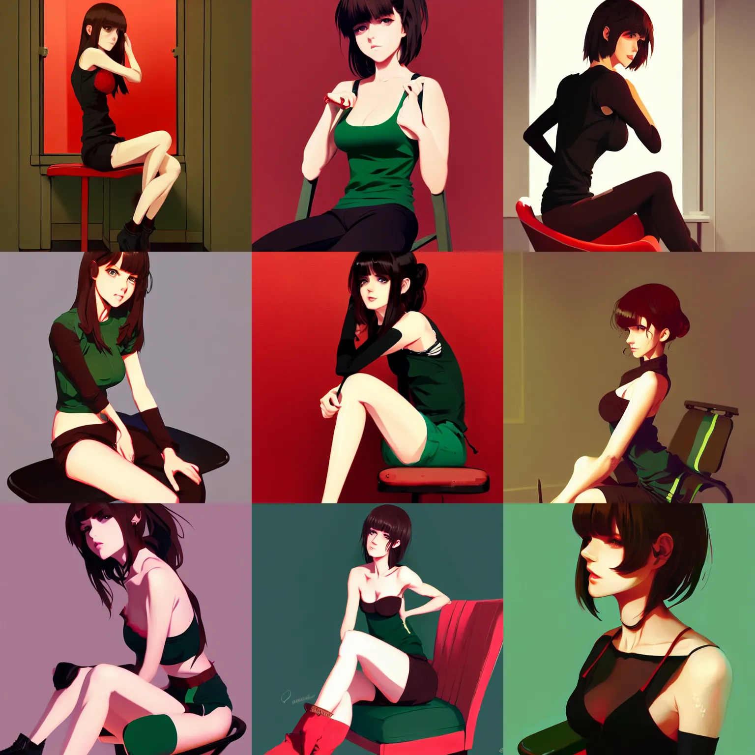 Prompt: sexy girl with brown hair and green eyes, wearing a camisole, sitting on a chair, red and black color palette, in the style of and ilya kuvshinov and greg rutkowski, high quality anime artstyle, intricate
