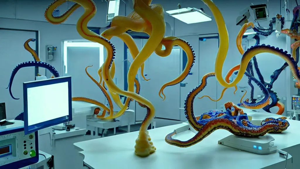 Image similar to a complex bifurcated surgical arm hack mri 3 d printer machine making colorful mutant octopus forms and control panels in the laboratory inspection room, film still from the movie directed by denis villeneuve with art direction by salvador dali, wide lens