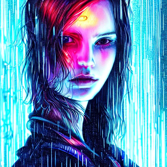 Prompt: bright asthetic portrait LSD glowing backlit rain on face and wet hair, cyberpunk, overhead lighting, fantasy, intricate, elegant, dramatic lighting, highly detailed, lifelike, photorealistic, digital painting, artstation, illustration, concept art, smooth, sharp focus, art by John Collier and Albert Aublet and Krenz Cushart and Artem Demura and Alphonse Mucha