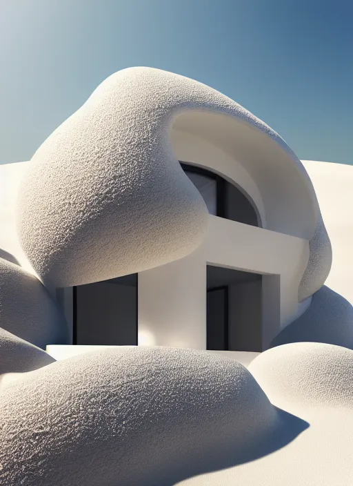 Prompt: bright white zen beach house made of geodes well contoured smooth fair walls, up close shot, sharp focus, global illumination, radiant light, alexandre ferra white mecha, irakli nadar, octane highly render, 4 k, ultra hd,