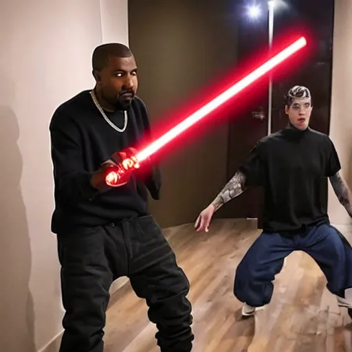 Image similar to kanye west and pete davidson dualing each other with lightsabers