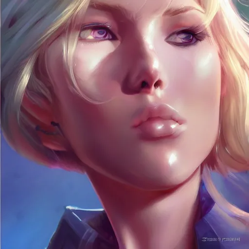 Image similar to portrait of beautiful girl with blond hair and blue eyes, League of Legend illustration by Sam Youn:1, profile picture by Gil Elvgren:2, Krenz Cushart:2, asymmetrical, Organic Painting, Ambient Occlusion:3, Matte Painting, bold shapes, hard edges, street art, trending on artstation, realistic:2 by Sachin Teng:5