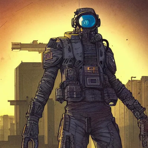 Image similar to a cyberpunk soldier with tactical gear and a rifle patrolling a city on mars, Industrial Scifi, detailed illustration, character portrait, by Martin Grip and Moebius