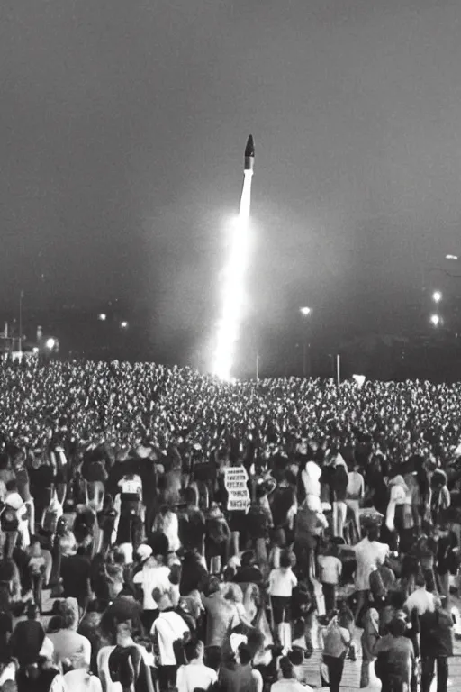 Prompt: a hyper realistic photograph of a 1 9 9 0 s era rocket launching and leaving huge plumes of smoke, large crowds of people watching in astonishment, cinematic, night, rain