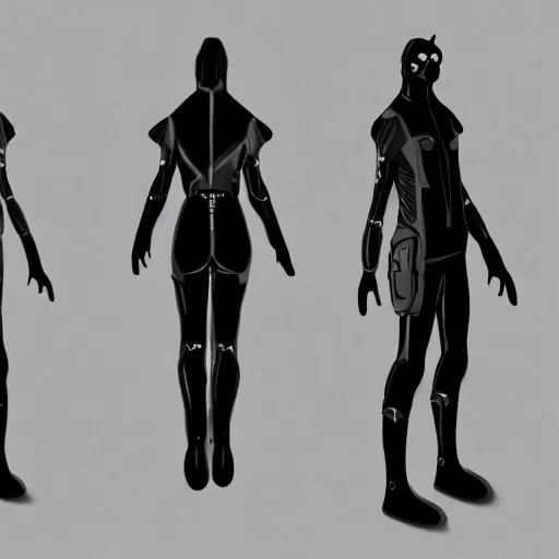 Image similar to cyberpunk cat in suit sketch, front, side, and back view, arms outstretched, modeling reference sheet,