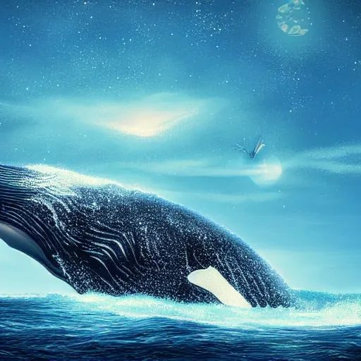 Prompt: a whale peeking above the ocean and wistfully watching a spaceship fly away, sci-fi digital art,