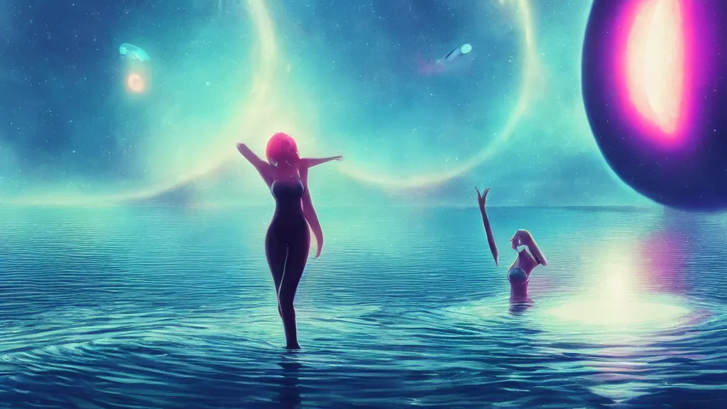 Image similar to beautiful seductive women standing in a lake reaching for the stars, underneath a multi-colored binary blackhole with an accretion disc, by Lois van Baarle, by Greg Rutkowski, by artgerm, by beeple, volumetric lighting, 4k resolution, octane render, trending on artstation