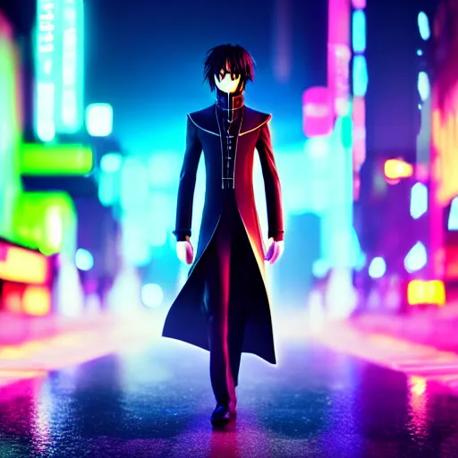 Image similar to Lelouch Lamperouge in a neon city, octane render 8k, atmospheric render, myserious man, professional render