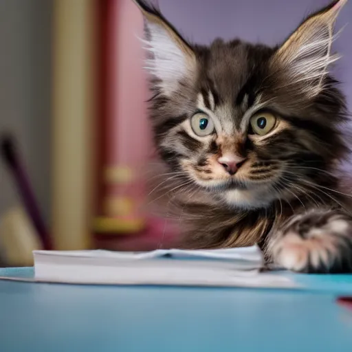 Prompt: a super cute maine coon kitten ate my homework and got smart, hilarious, funny, back to school comedy, cinematic movie still, 3 d, ue 5, octane, 8 k, 4 k, imax 7 0 mm, hdr,